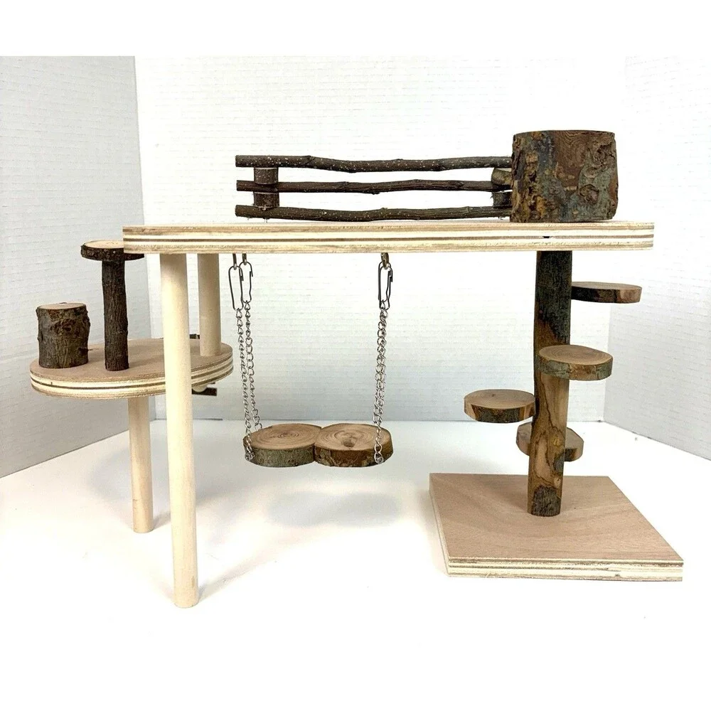 Hamster Playground Platform, Climbing, Swinging, Ladder Toy, Natural Pet-Safe